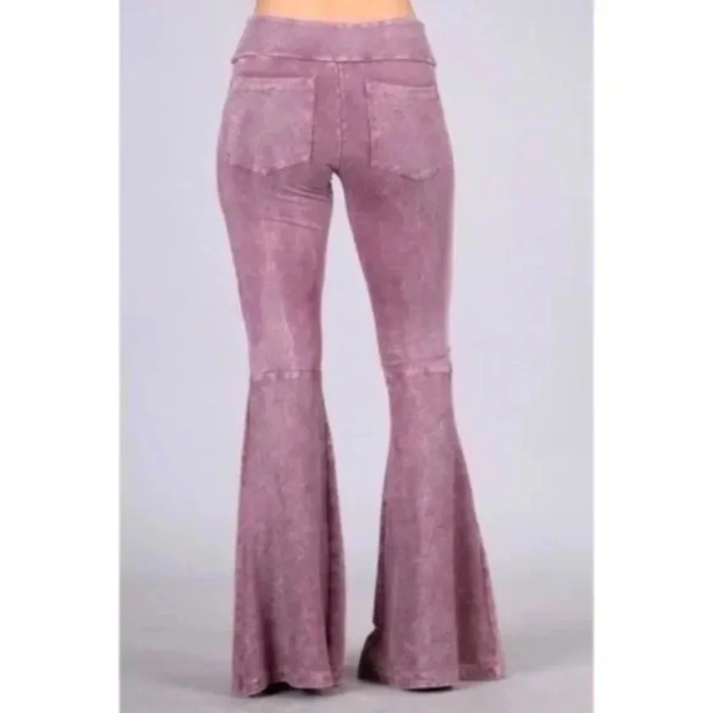 SOLD OUT Dusty Rose Mineral Wash French Terry Flared Bell Bottom Pull On Pants - Picture 1 of 5